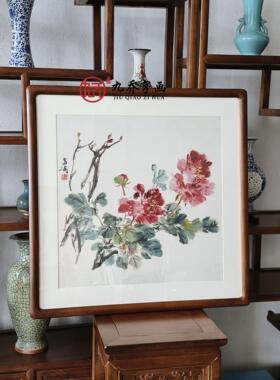 网红斗方牡丹花挂国画水墨画带框中式客厅画玄装饰画办公室书房关