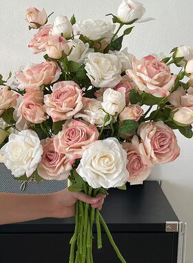 高档复古焦边玫瑰花仿真花客厅餐桌装饰插花摆件干花摆设假花月季