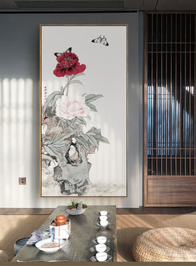 草木芳菲玄关壁画竖版别墅入户过道挂画走廊尽头茶楼巨幅画