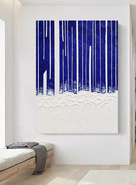 克莱因蓝玄关手绘油画现代极简装饰画蓝色肌理画高级感客厅装置画