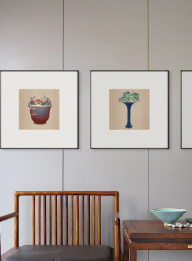 一味禅茶新中式茶室客厅背景墙装饰挂画茶杯山水风景茶楼壁画
