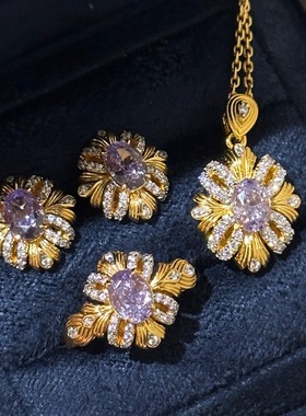 纯银紫荆缎带繁花满戒指耳钉项链