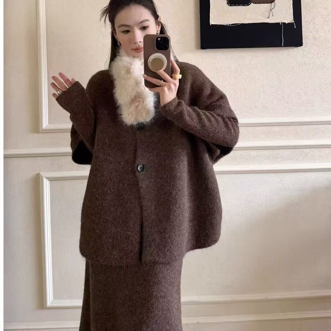 韩系气质巨好看穿搭新款开衫外套内搭连衣裙毛领女秋冬三件套,淘宝优惠券,粉丝福利购,淘宝优惠卷