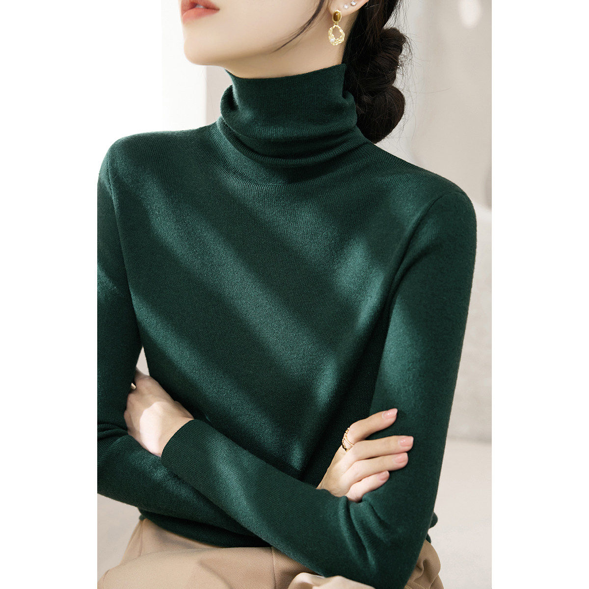 冬季新款深棕色长袖针织衫女大衣外套修身内搭打底上衣堆堆领毛衣,淘宝优惠券,粉丝福利购,淘宝优惠卷