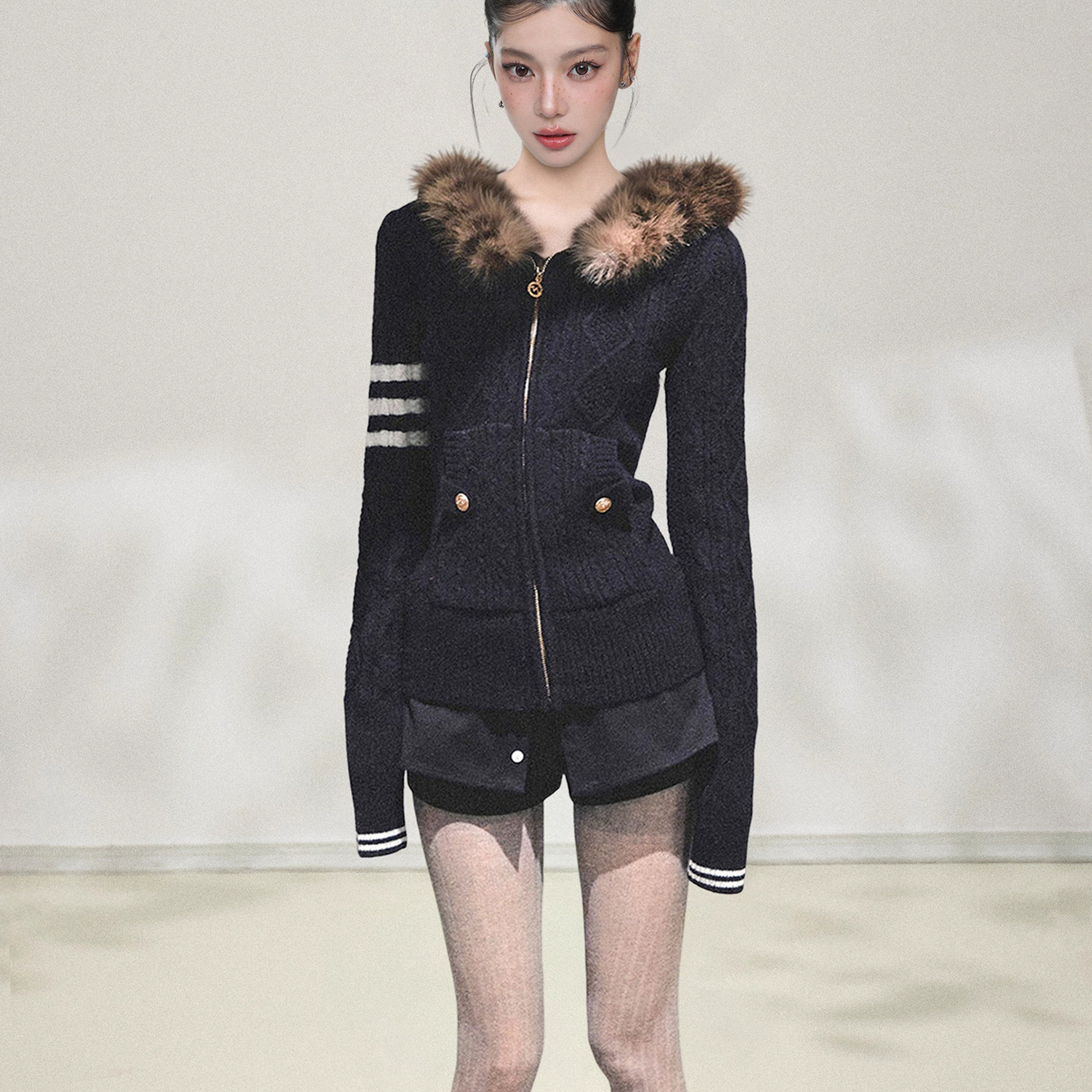 白色毛领连帽拉链麻花毛衣外套女秋冬冬季加厚修身针织衫开衫上衣,淘宝优惠券,粉丝福利购,淘宝优惠卷