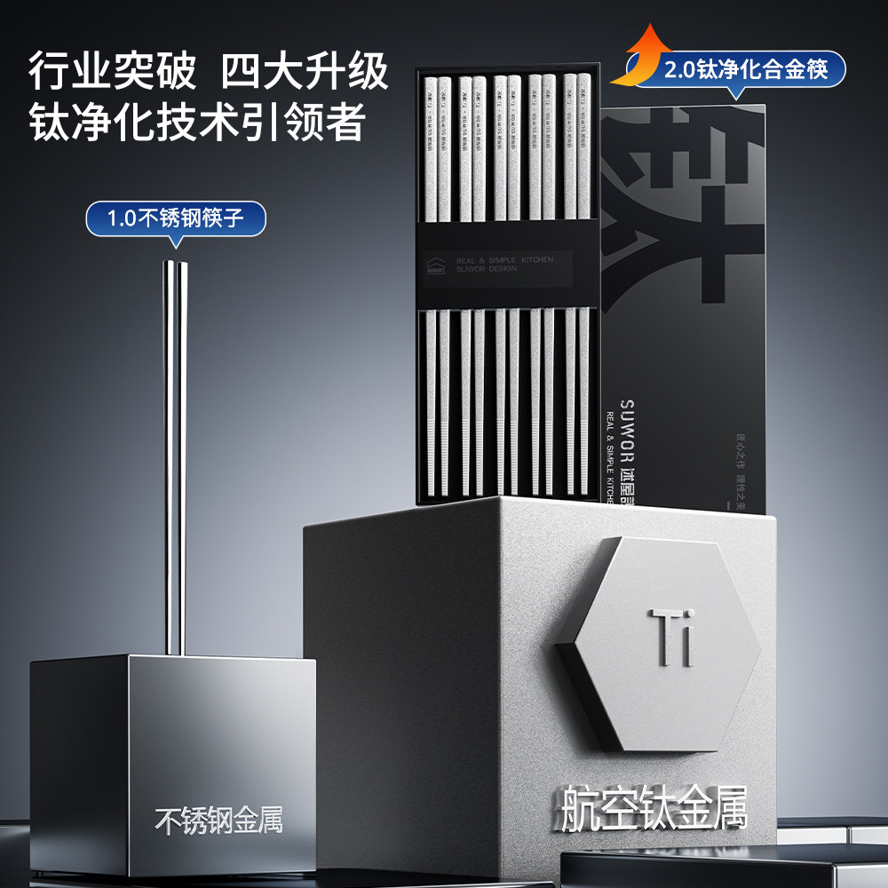 述屋说不锈钢筷子磨砂高档抗菌家用防滑防霉金属一人一筷礼盒钛筷
