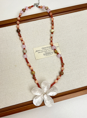 古着贝壳花朵水晶锁骨链多巴胺链