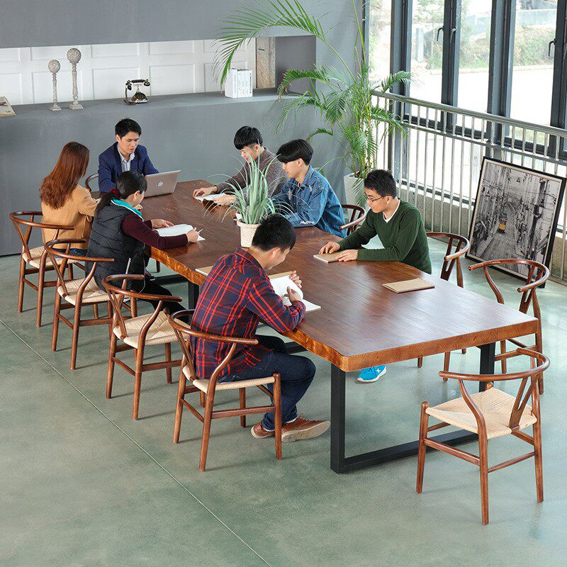 简约现代铁艺实木办公桌椅组合 酒店长条会议桌 办公室面试洽谈桌