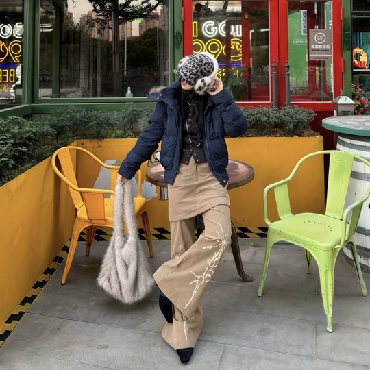 Fiona navy big fur collar ancient style cotton coat for women