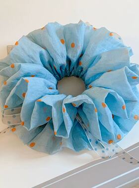 新款韩系蓝色波点蝴蝶结双层大肠发圈女感丸子头超大发饰头绳