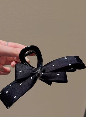 经典黑底白爱心抓夹缎面蝴蝶结水钻抓夹甜酷半扎发温柔鲨鱼夹