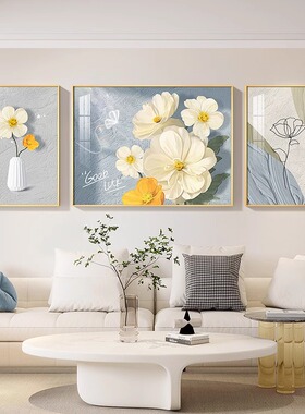 网红奶风油厅装饰画沙发饰背景墙装画油客画海棠花三联墙装饰画壁
