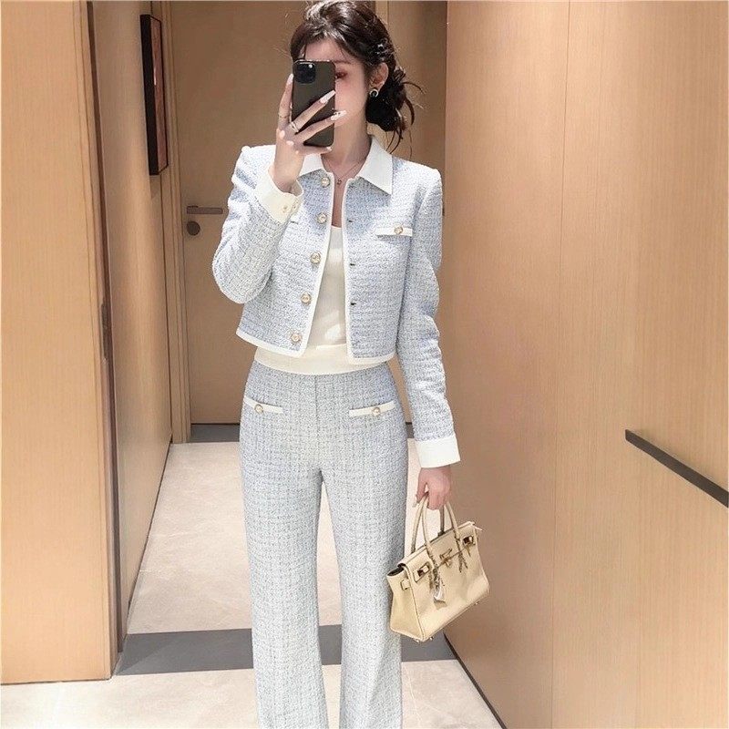 2025冬季新款时尚小香风粗花呢蓝色短外套女金属扣千金风名媛套装,淘宝优惠券,粉丝福利购,淘宝优惠卷