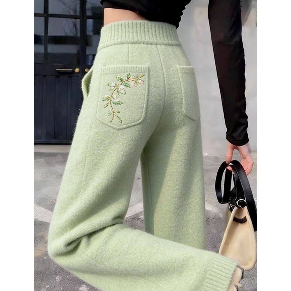 高腰花朵刺绣阔腿裤女绿色时尚显瘦慵懒风休闲裤2026春季新款裤子,淘宝优惠券,粉丝福利购,淘宝优惠卷