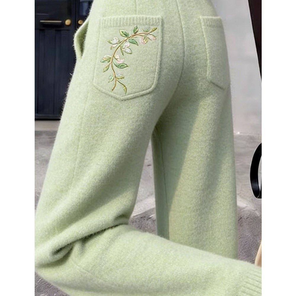 高腰花朵刺绣阔腿裤女绿色时尚显瘦慵懒风休闲裤2026春季新款裤子,淘宝优惠券,粉丝福利购,淘宝优惠卷