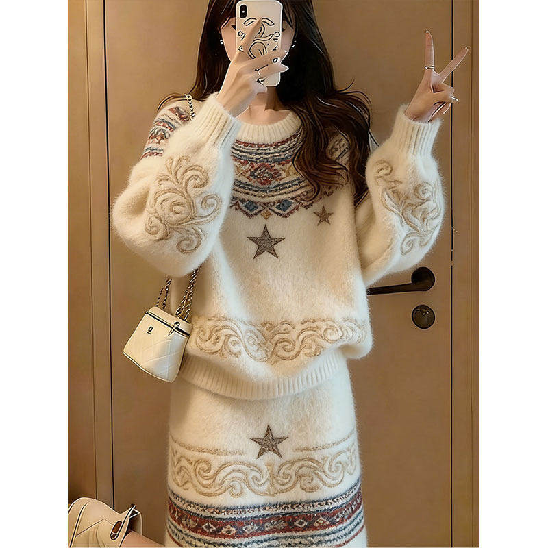 费尔岛风针织套装女秋冬慵懒风提花毛衣半身裙两件套小个子穿搭,淘宝优惠券,粉丝福利购,淘宝优惠卷