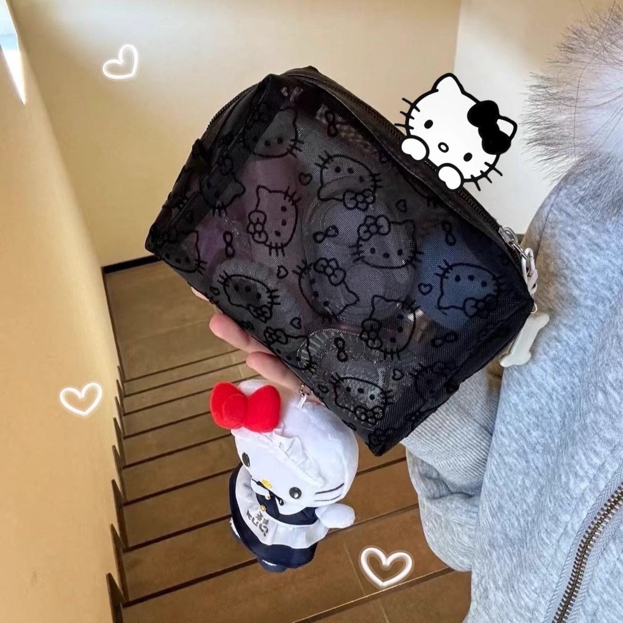 可爱kitty网纱补妆包日用便携外出数据线杂物收纳包便携小手拿包,淘宝优惠券,粉丝福利购,淘宝优惠卷