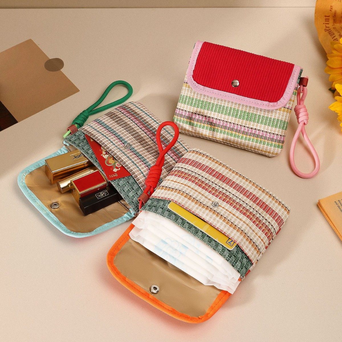 撞色大容量证件包高颜值卫生巾收纳包学生便携布艺条纹口红零钱包,淘宝优惠券,粉丝福利购,淘宝优惠卷