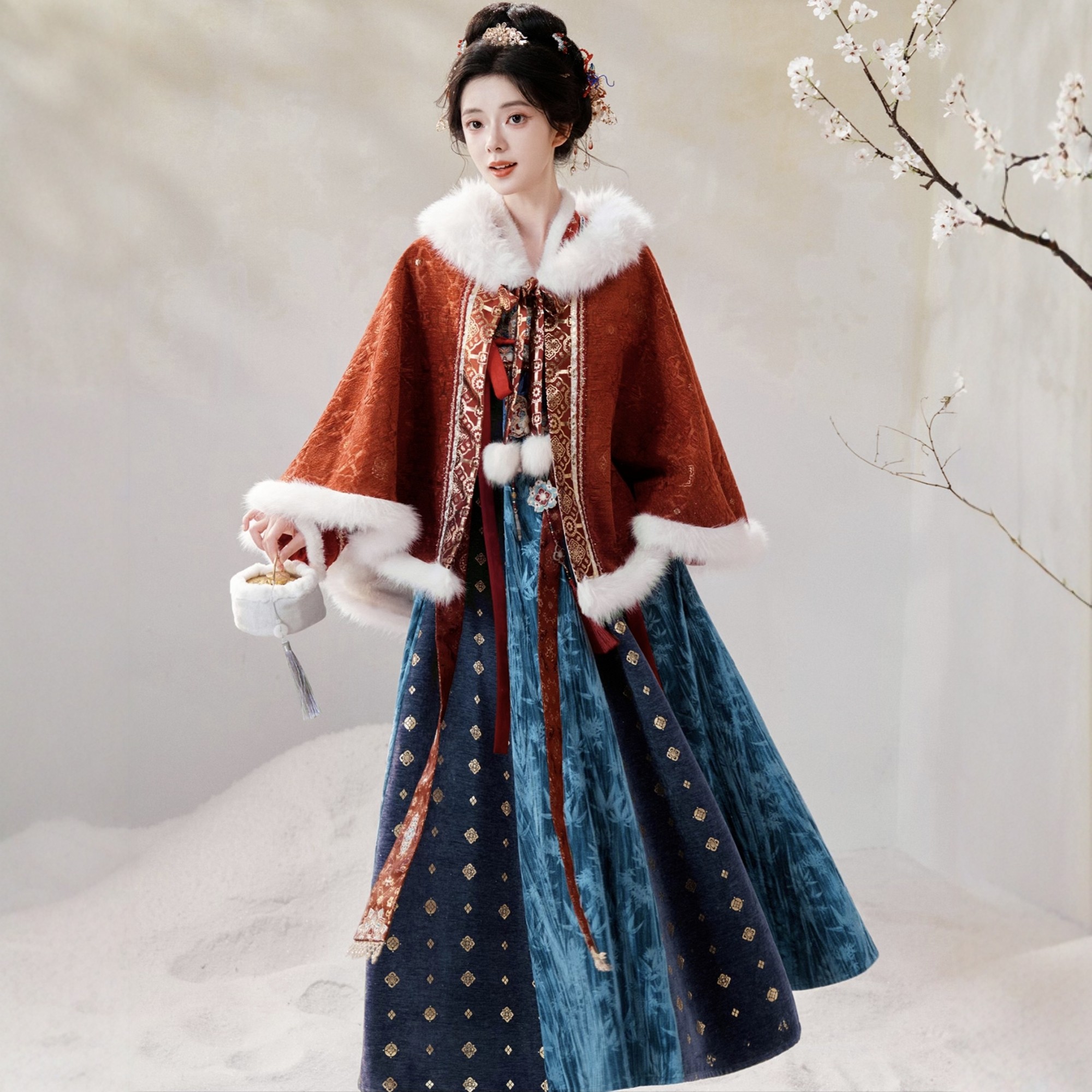 原创汉服女【七月夕-宝钿青黛】唐制加绒斗篷披风齐胸套装冬季款,淘宝优惠券,粉丝福利购,淘宝优惠卷