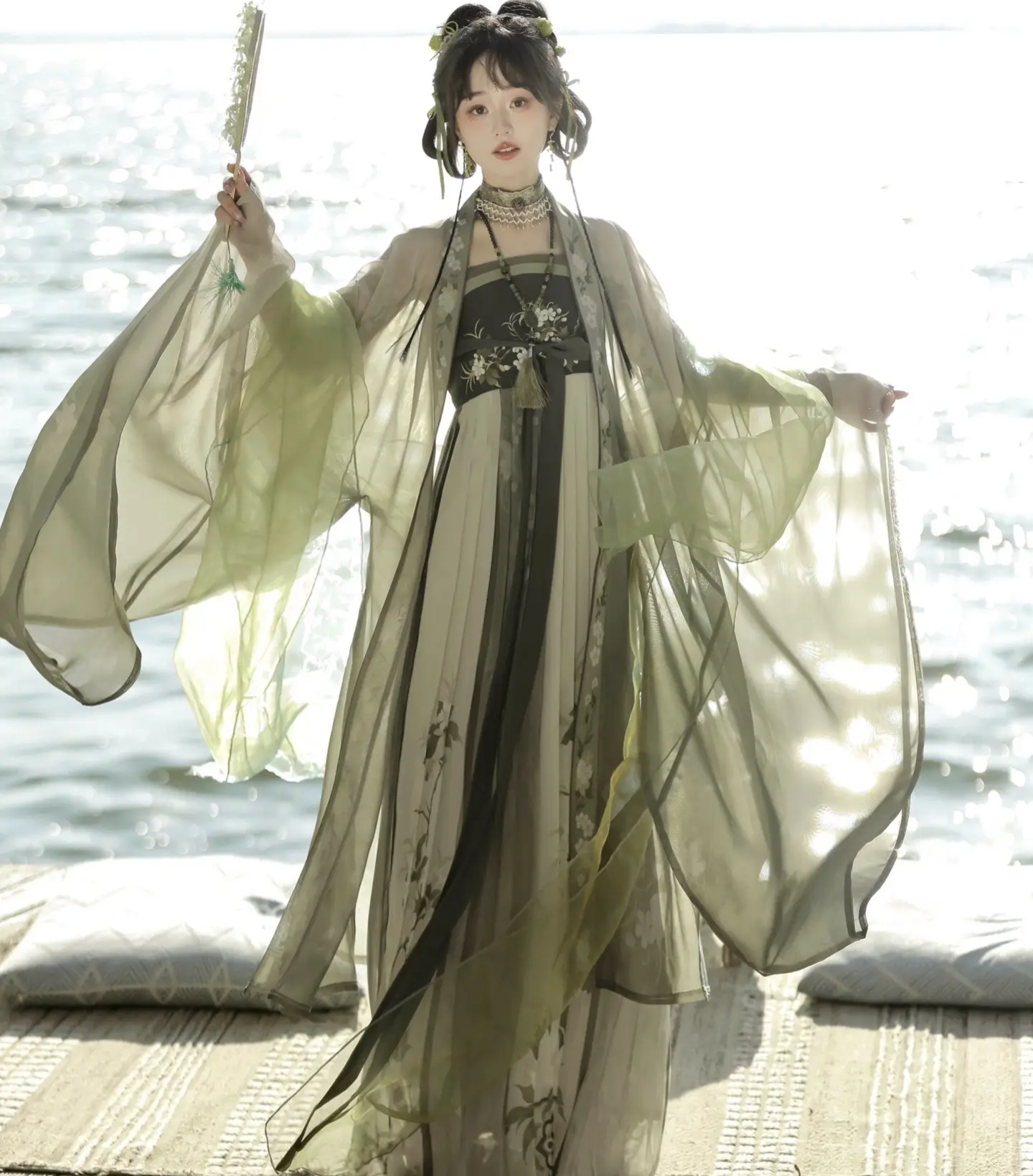 原创汉服女【夏知意】唐制刺绣齐胸诃子裙大袖衫绿色古风套装夏款,淘宝优惠券,粉丝福利购,淘宝优惠卷