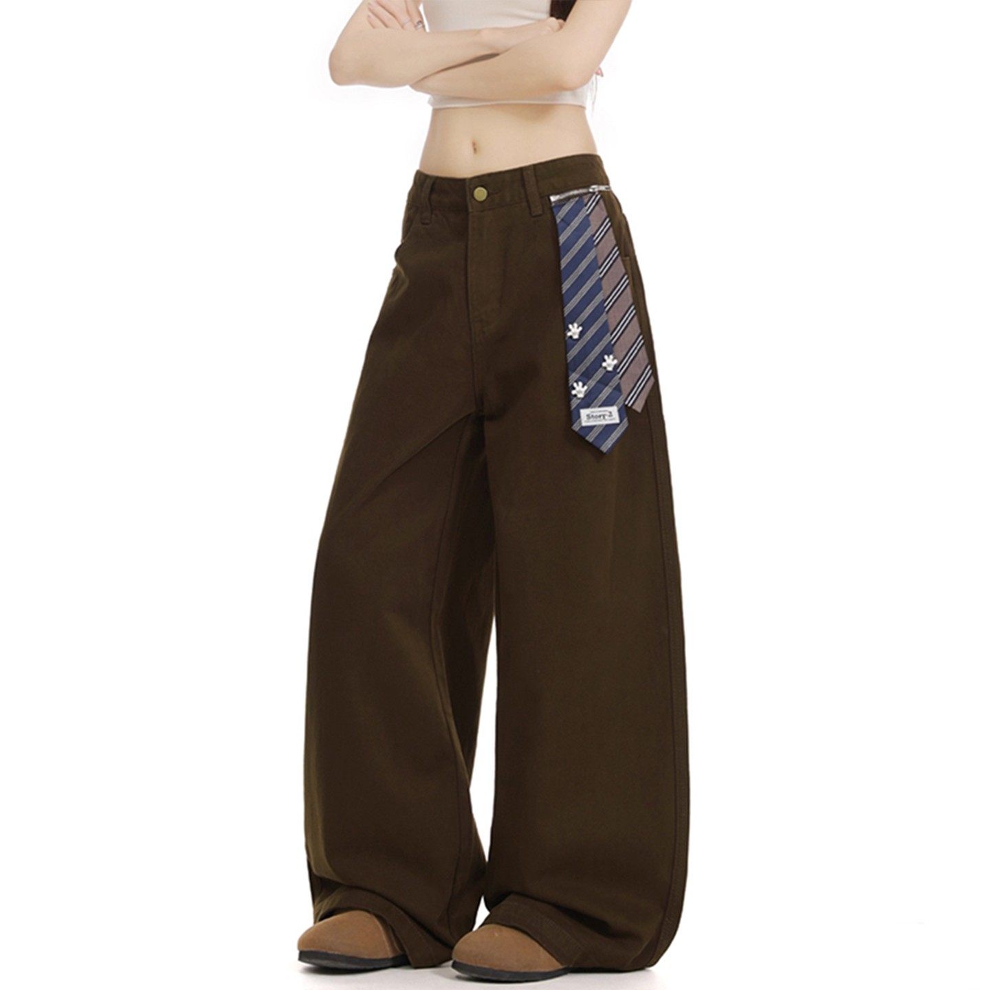 300斤特大码美式复古咖色牛仔裤女2025新款胖mm领带拼接阔腿裤子,淘宝优惠券,粉丝福利购,淘宝优惠卷