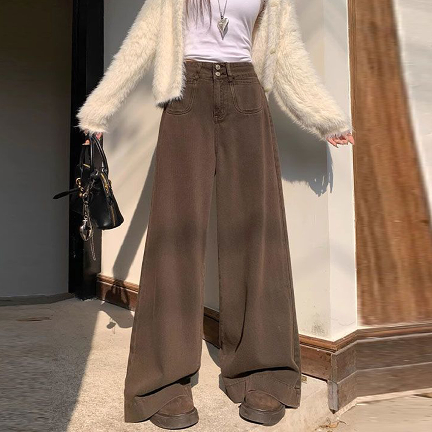 300斤大码女装咖色高腰显瘦牛仔裤女胖mm美拉德垂感百搭阔腿裤子,淘宝优惠券,粉丝福利购,淘宝优惠卷