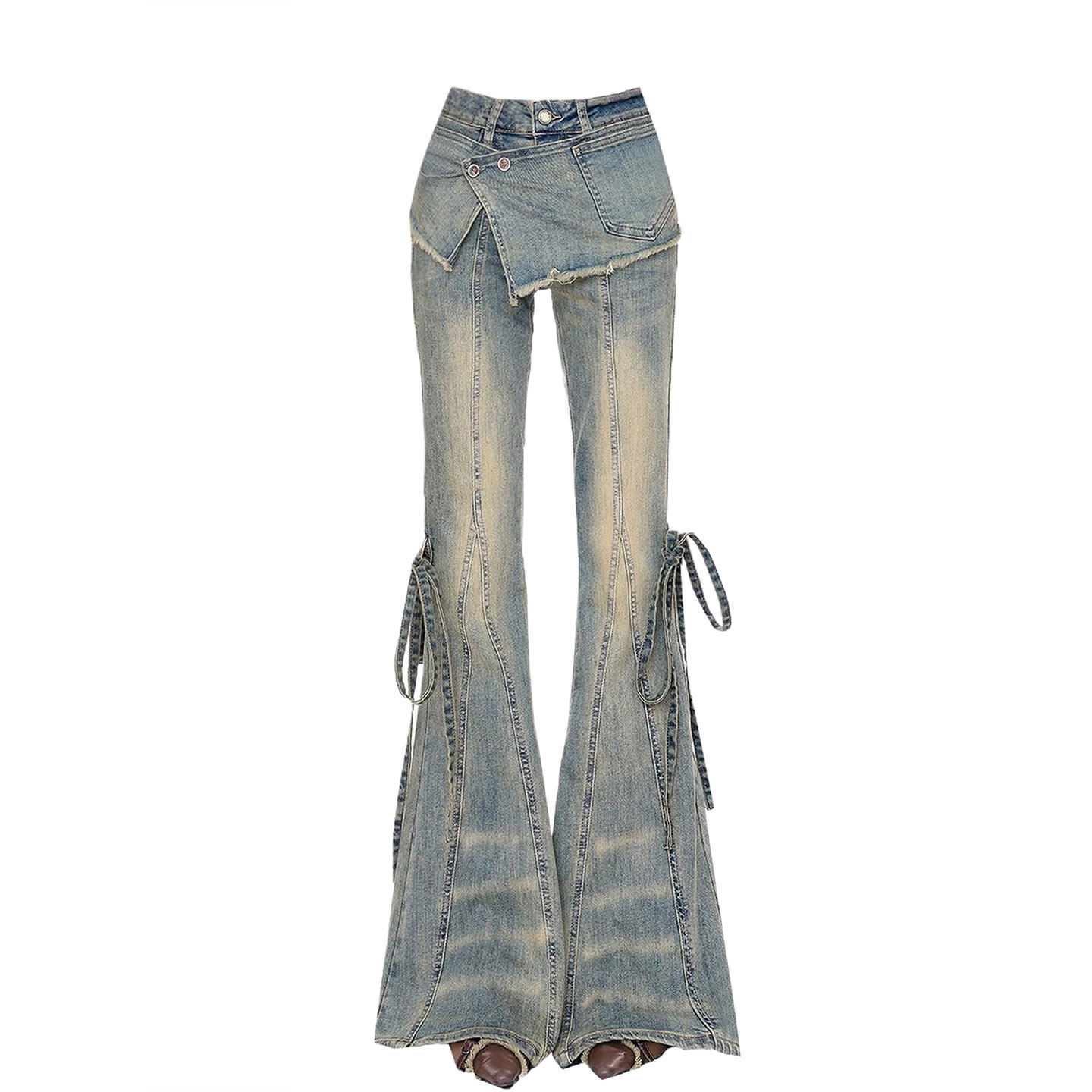 大码女装美式高街弹力牛仔裤女胖mm复古辣妹风假两件设计微喇裤子,淘宝优惠券,粉丝福利购,淘宝优惠卷