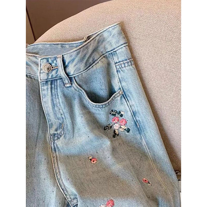 特大码花朵刺绣阔腿牛仔裤女胖mm夏季新款镶钻裤子宽松显瘦直筒裤,淘宝优惠券,粉丝福利购,淘宝优惠卷