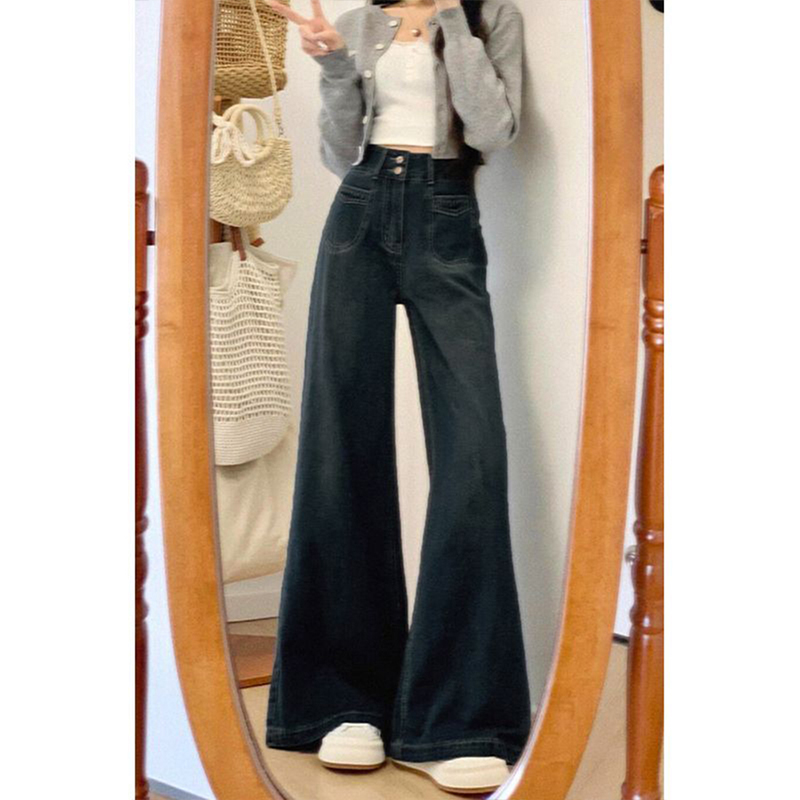 女装胖mm大码弹力复古牛仔裤2025新款百搭裤子女宽松设计感阔腿裤 - 图1