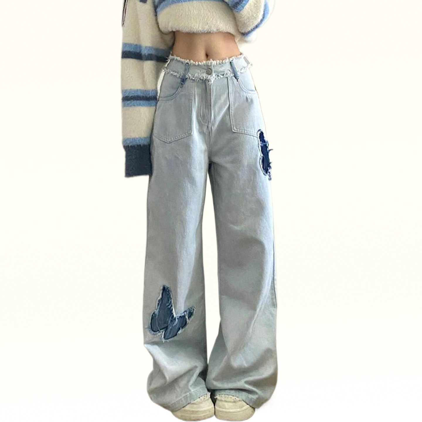 300斤大码美式个性ins蝴蝶贴布刺绣牛仔裤女胖mm复古时尚直筒裤子,淘宝优惠券,粉丝福利购,淘宝优惠卷