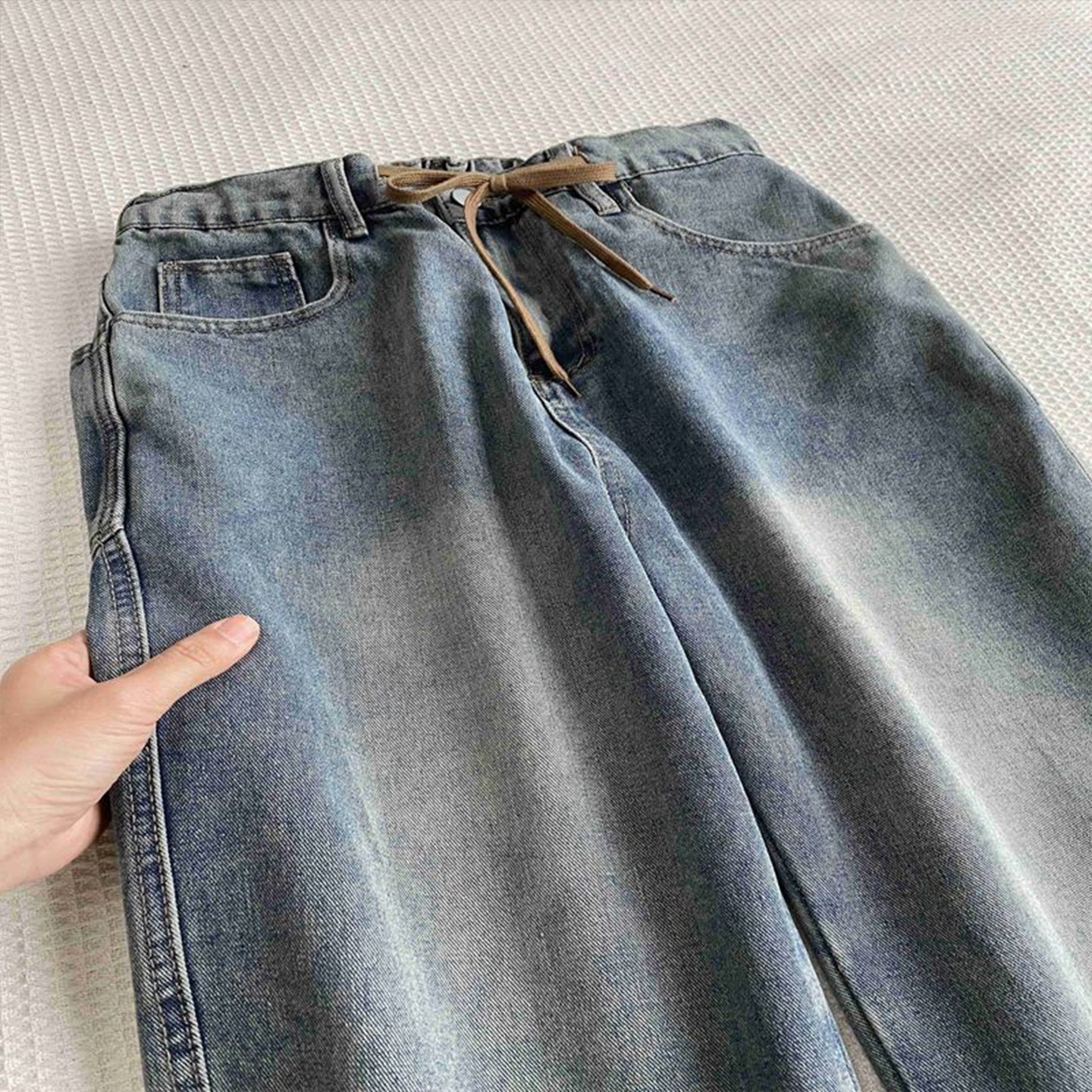 特大码胖mm蓝色卷边牛仔裤女胖mm梨型身材显瘦抽绳设计直筒九分裤,淘宝优惠券,粉丝福利购,淘宝优惠卷