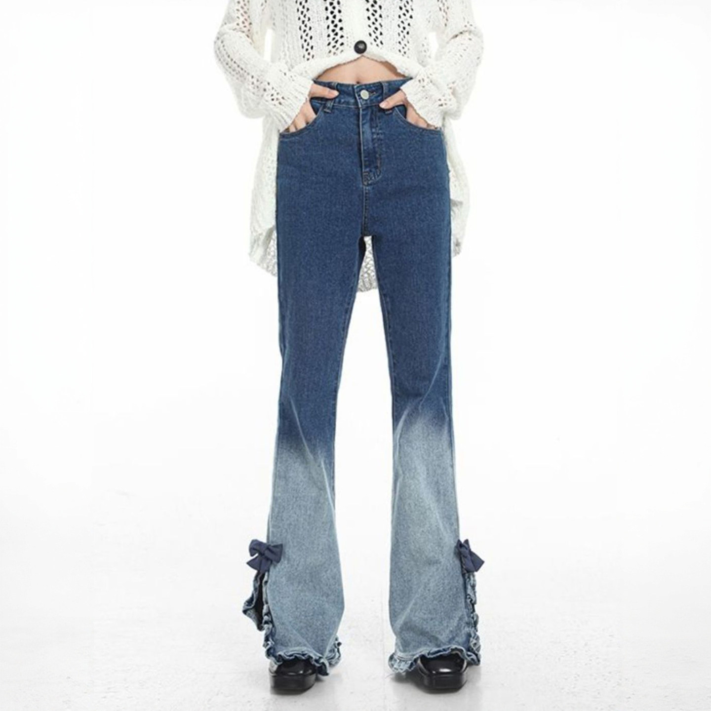 300斤胖mm大码学生高腰显瘦微喇牛仔裤女个性ins渐变设计喇叭裤子,淘宝优惠券,粉丝福利购,淘宝优惠卷