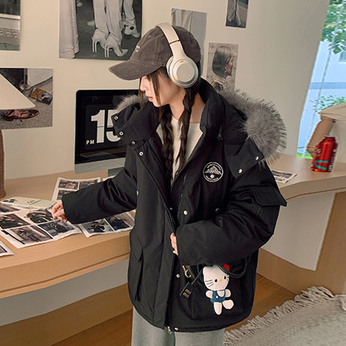 300斤大码女装美式加厚派克服外套女胖mm宽松学院风连帽黑色棉服 - 图3