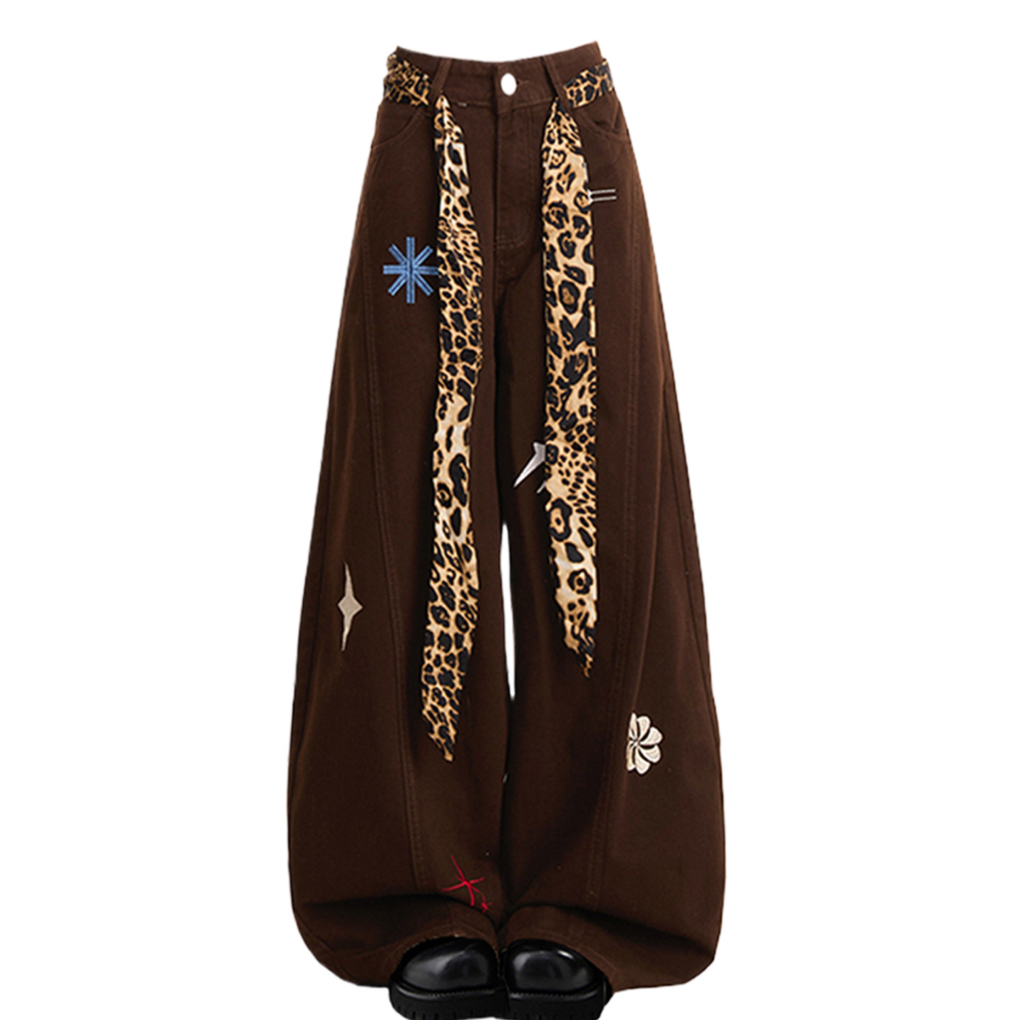 特大码女装韩系豹纹拼接刺绣牛仔裤女胖mm复古显瘦辣妹风阔腿裤子,淘宝优惠券,粉丝福利购,淘宝优惠卷