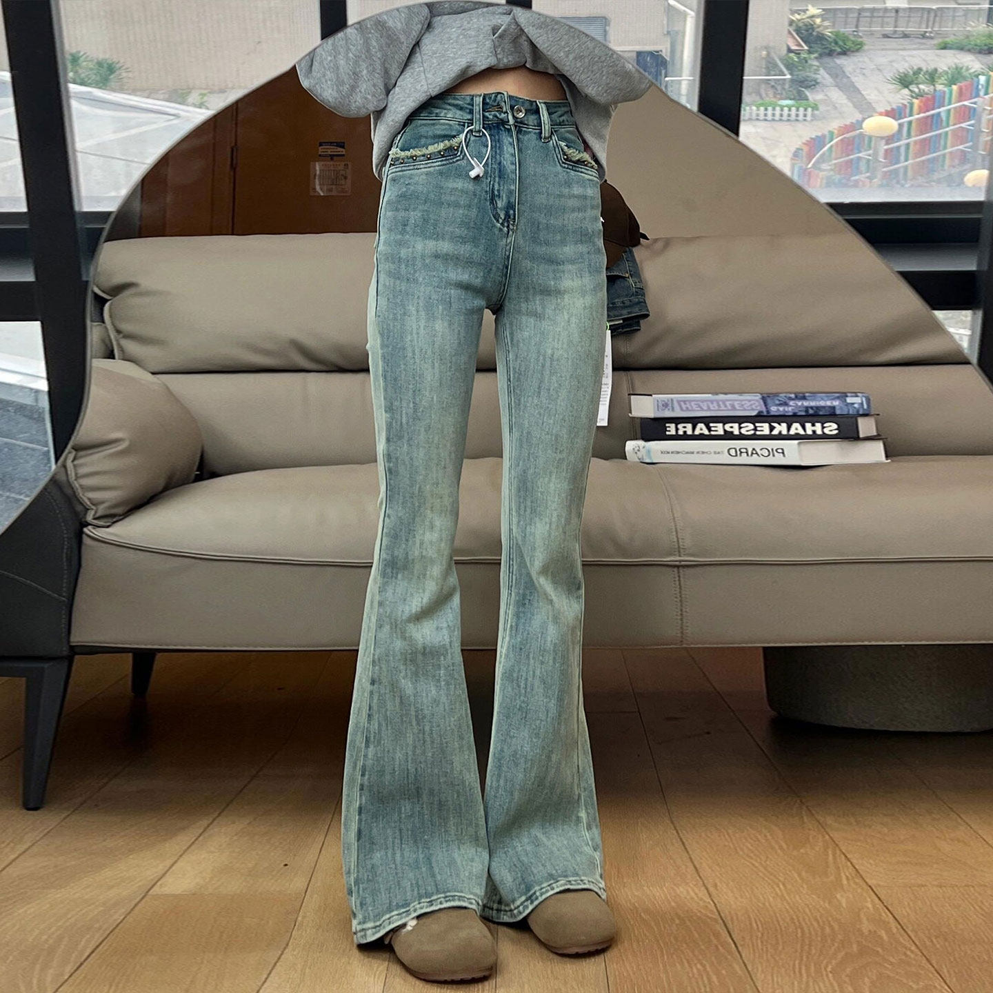特大码女装韩系穿搭蓝色牛仔裤女秋冬胖mm弹力显瘦不贴腿喇叭裤子,淘宝优惠券,粉丝福利购,淘宝优惠卷
