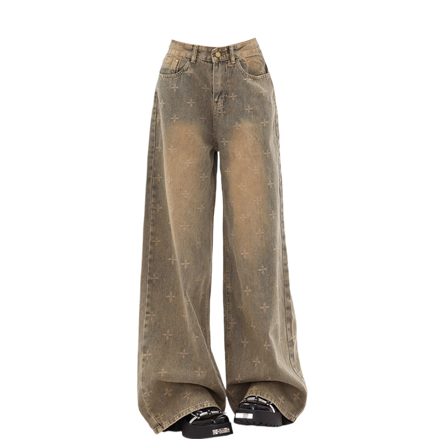 300斤特大码胖mm美式十字星满印牛仔裤女复古设计感水洗阔腿裤子,淘宝优惠券,粉丝福利购,淘宝优惠卷