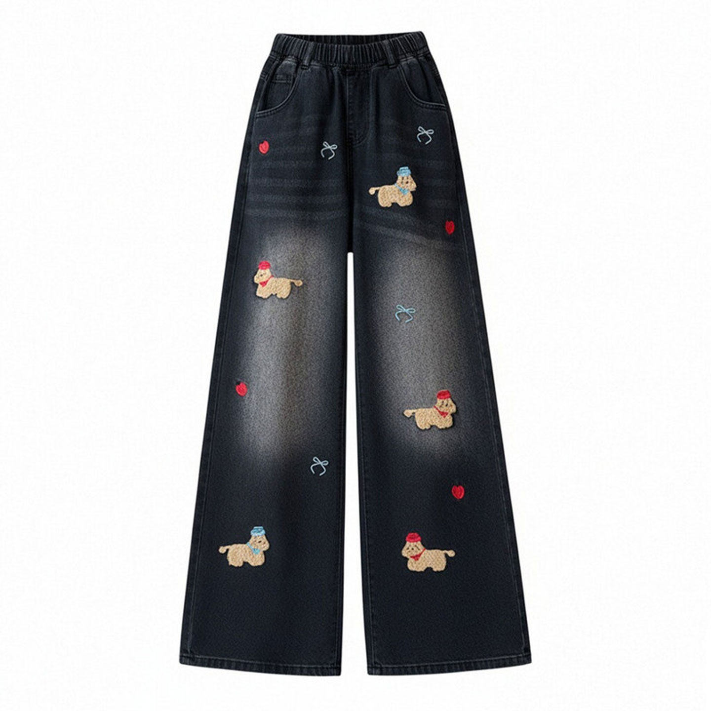 大码女装卡通刺绣减龄黑色牛仔裤女秋冬胖mm高腰显瘦宽松阔腿裤子,淘宝优惠券,粉丝福利购,淘宝优惠卷