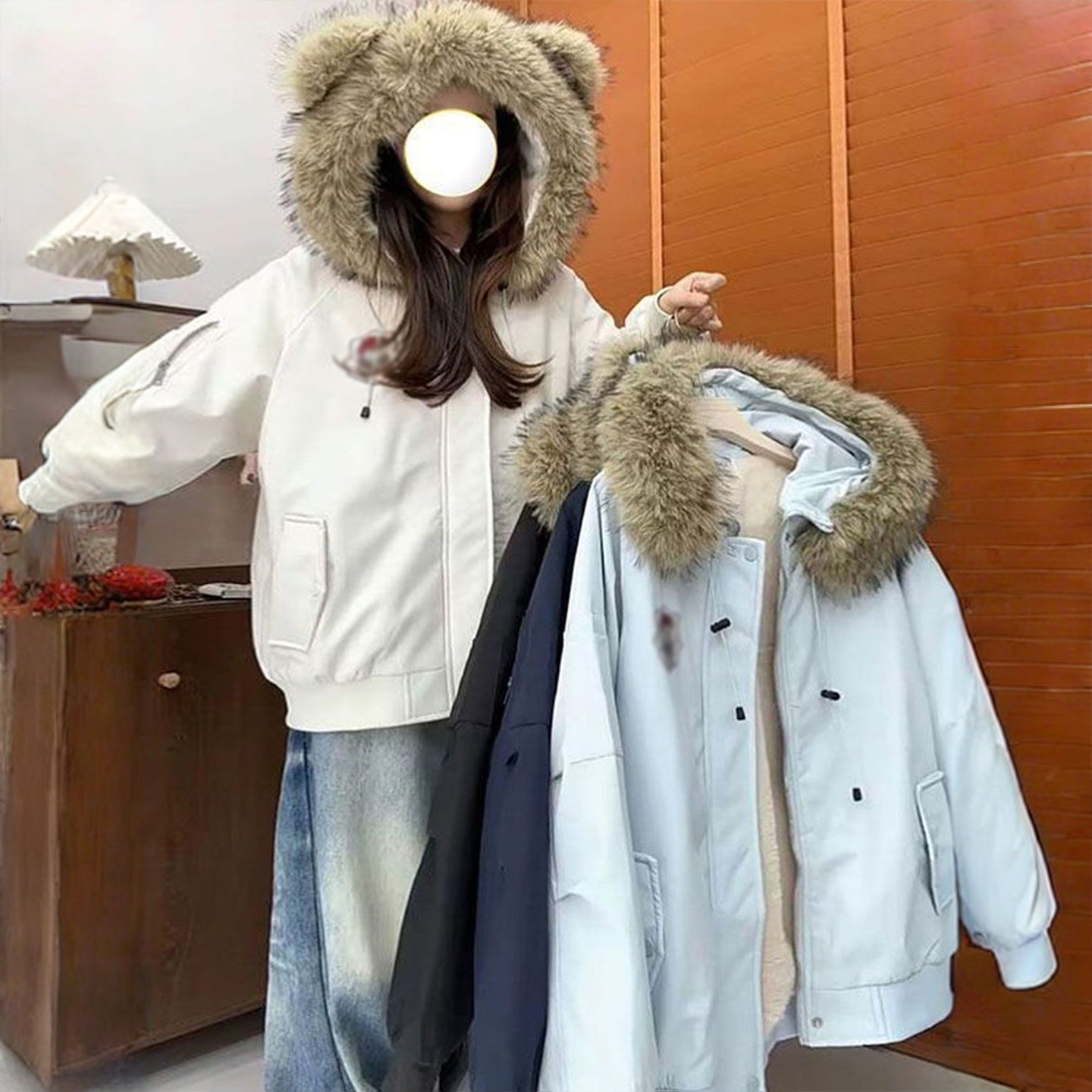 300斤特大码女装胖mm浅蓝色连帽派克服外套女2025巨好看的厚棉服,淘宝优惠券,粉丝福利购,淘宝优惠卷