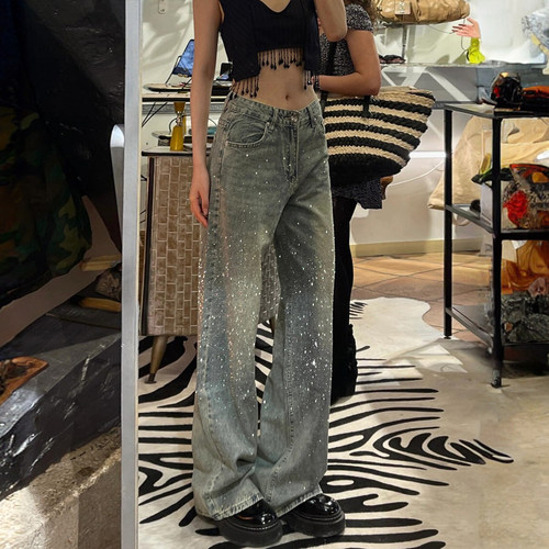 300斤大码女装满天星烫钻直筒牛仔裤女胖mm复古蓝宽松高级感裤子 - 图2