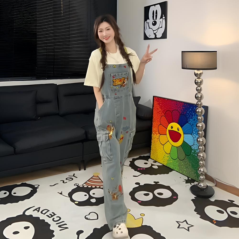 特大码胖mm复古水洗卡通刺绣牛仔背带裤女设计感美式工装连体裤子 - 图3