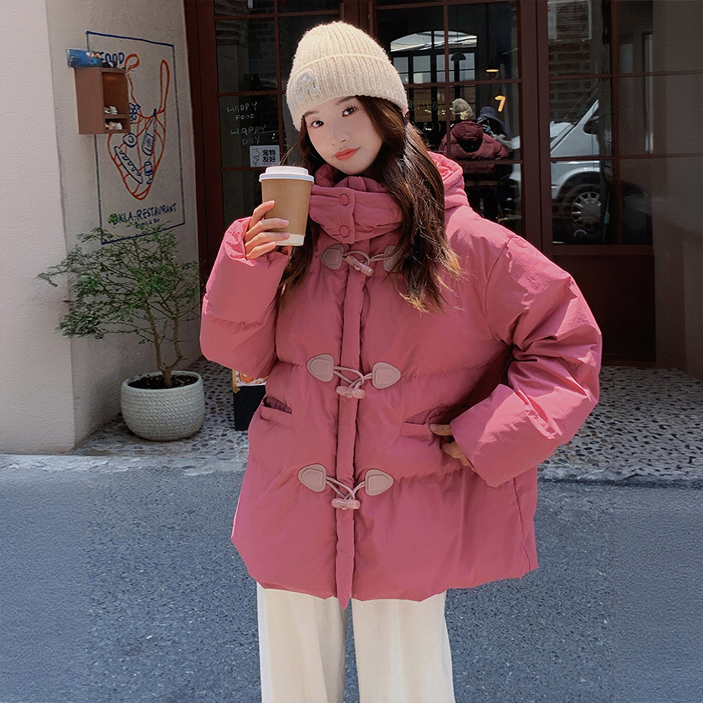 300斤大码女装树莓粉加厚保暖棉服女胖mm牛角扣设计连帽棉衣外套,淘宝优惠券,粉丝福利购,淘宝优惠卷