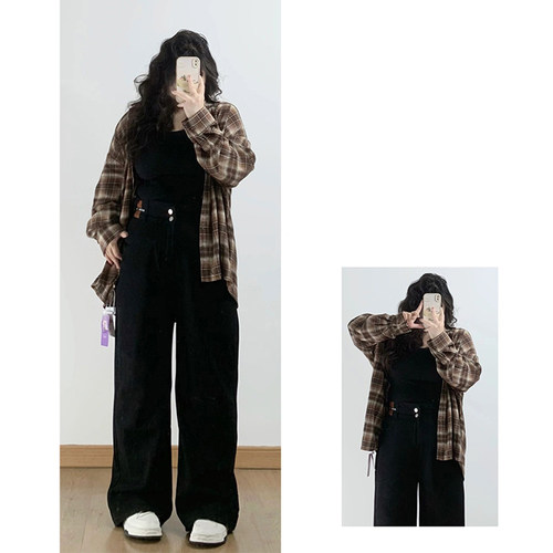 大码女装胖mm黑色直筒牛仔裤女秋冬新款裤子宽松显瘦百搭加绒女裤 - 图1