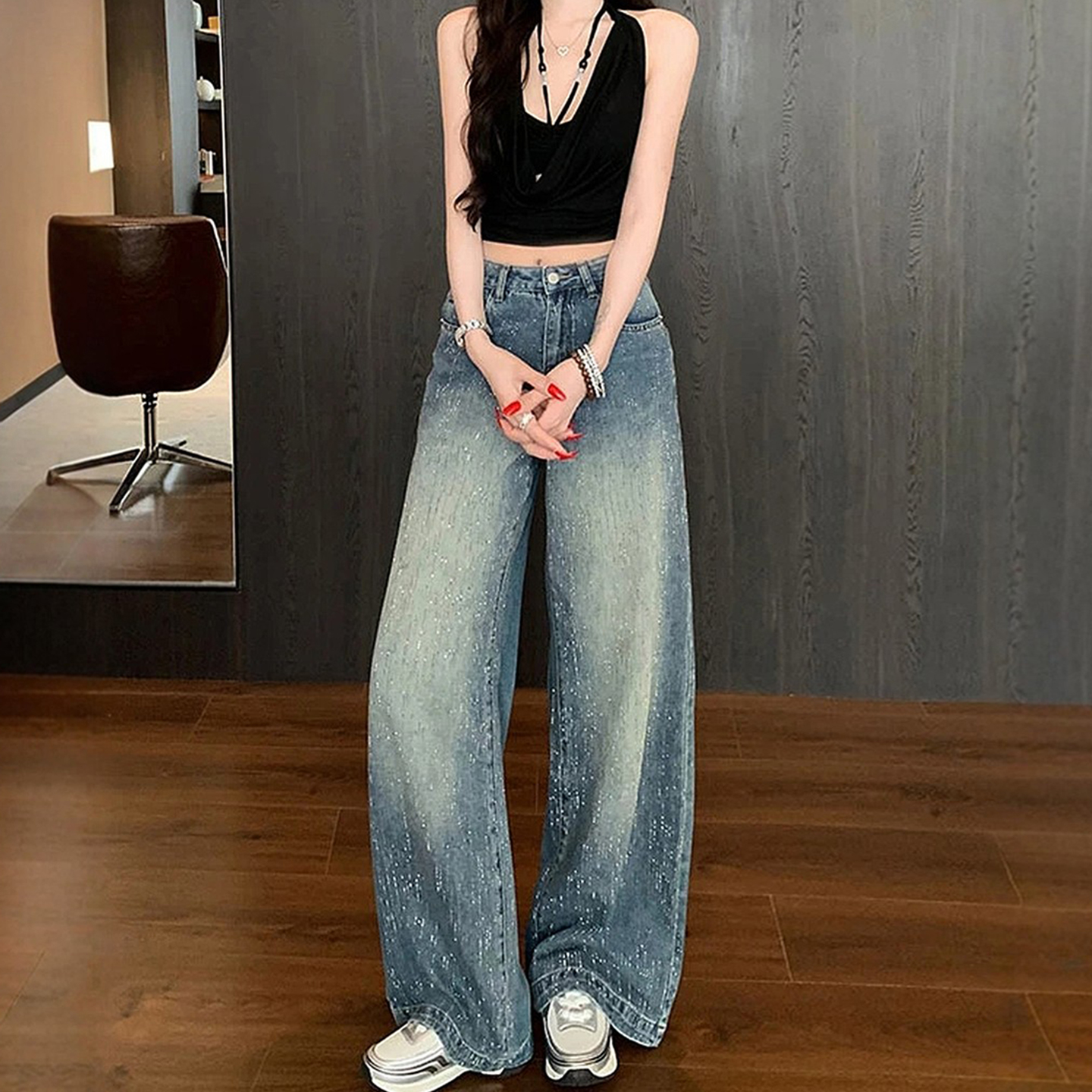 胖mm特大码满天星烫钻阔腿牛仔裤女秋季小众设计感高腰显瘦长裤子 - 图2