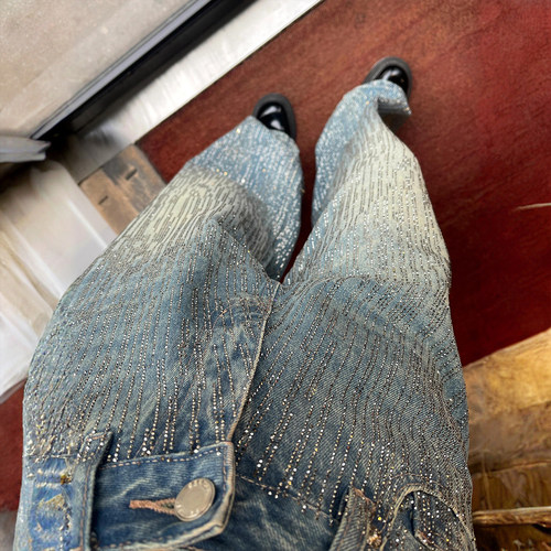 300斤大码女装满天星烫钻直筒牛仔裤女胖mm复古蓝宽松高级感裤子 - 图0