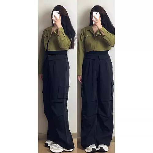 300斤大码女装美式阔腿工装裤女夏季新款裤子宽松垂感直筒休闲裤 - 图1