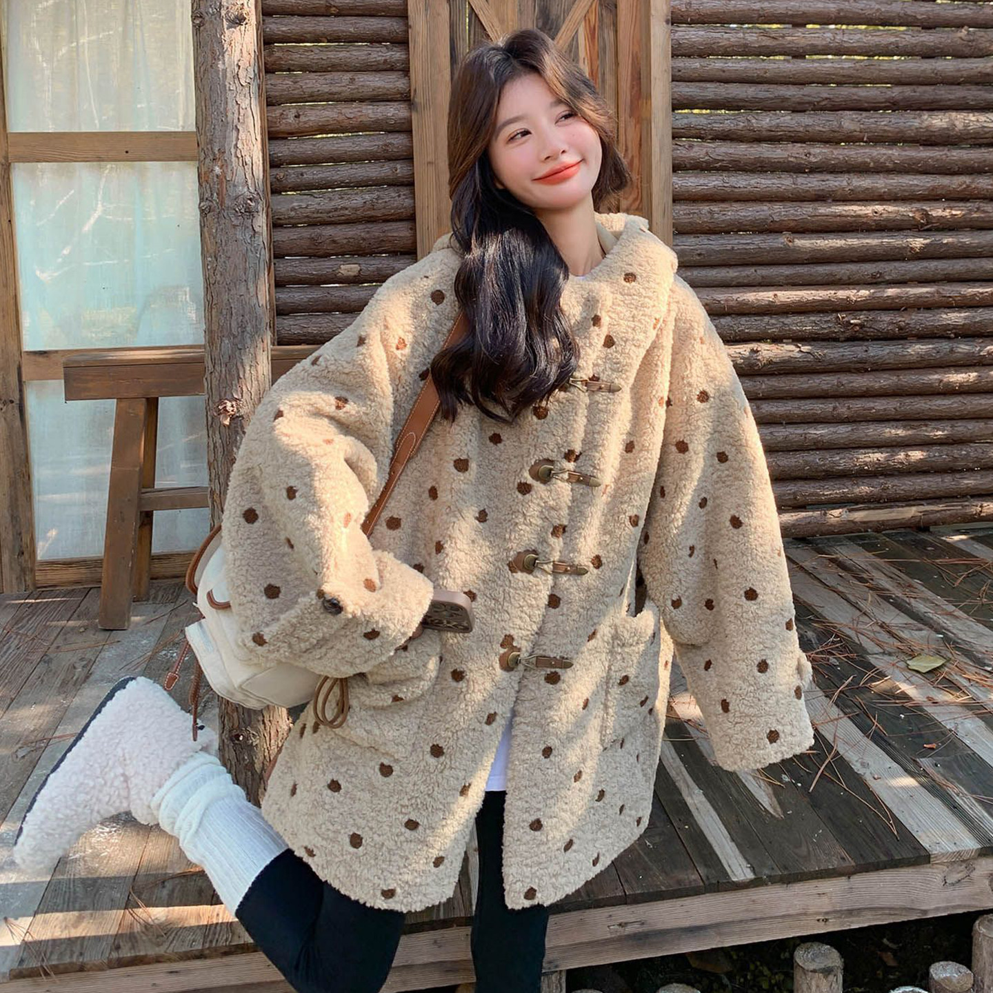 胖mm大码女装奶茶色波点羊羔毛外套女冬季加厚保暖慵懒风连帽棉服,淘宝优惠券,粉丝福利购,淘宝优惠卷