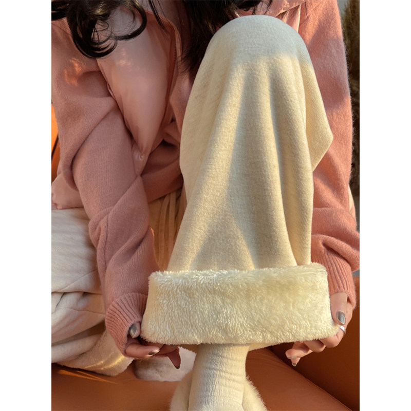 300斤大码胖mm甜美杏色糯米裤女冬季加绒加厚休闲裤子软糯阔腿裤