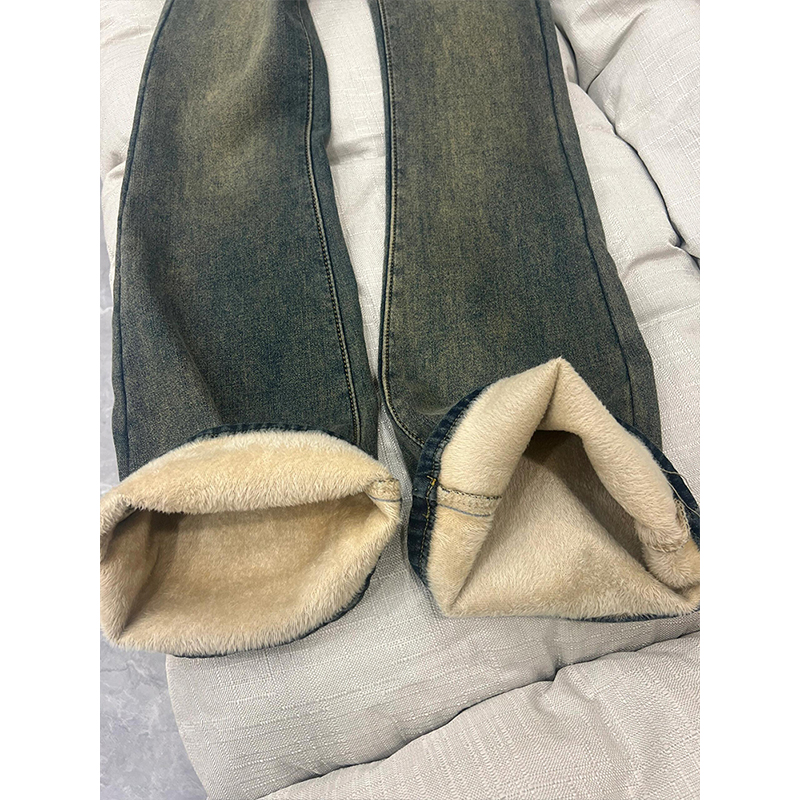 300斤大码女装加绒加厚复古蓝微喇牛仔裤女胖mm高腰弹力阔腿裤子 - 图2