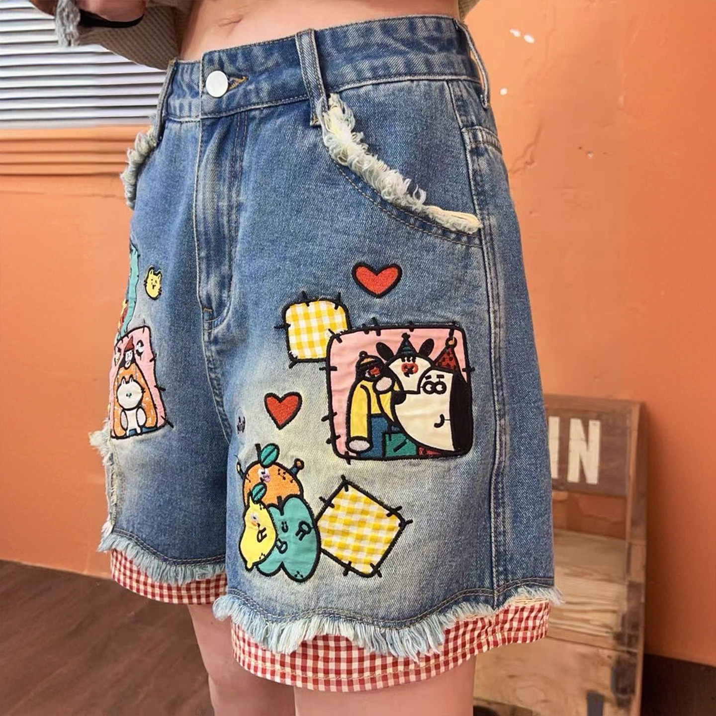 300斤大码胖mm蓝色格子拼接毛边牛仔短裤女童趣卡通印花直筒裤子,淘宝优惠券,粉丝福利购,淘宝优惠卷