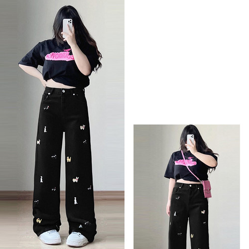 大码胖mm黑色牛仔裤女超火的趣味小狗刺绣裤子加绒宽松直筒长裤子 - 图3